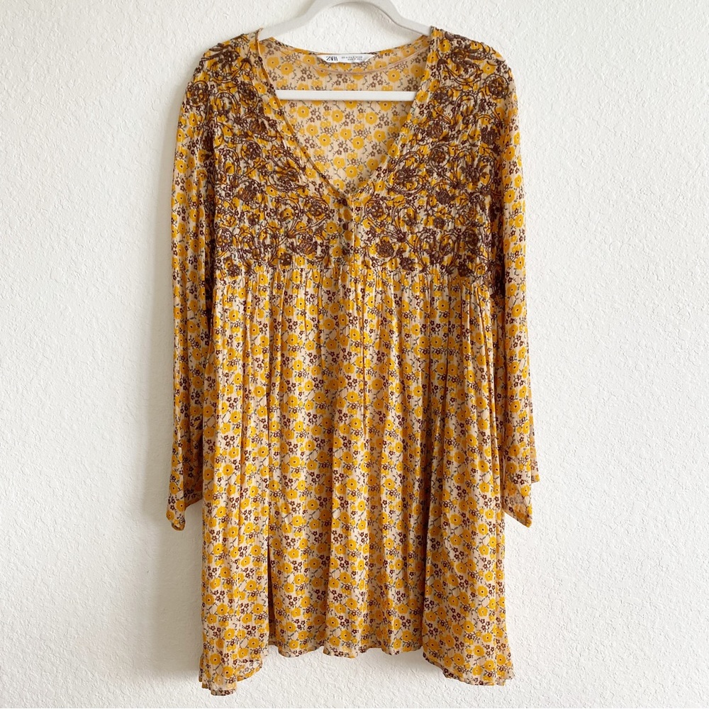 ZARA Long Sleeve Embroidered Floral Button Front Above Knee Dress